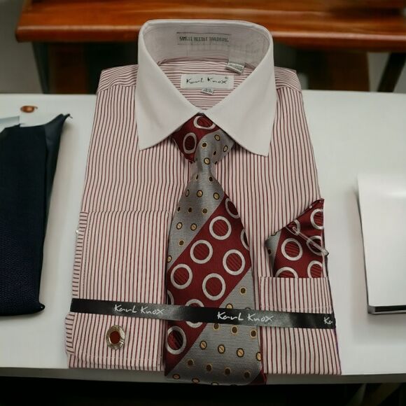 MEN'S KARL KNOX  BURGUNDY- WHITE VERTICAL STRIPE COMBO SET. SX4499. - Picture 1 of 5